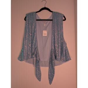 Free People NWT Night Sky Sequin Tie-Front Vest Blue Disco L
